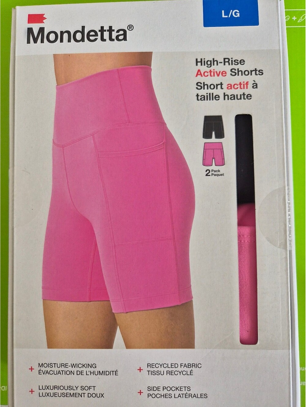Mondetta High-Rise Active Shorts 2-Pack - Black and Pink, Size Large 0177